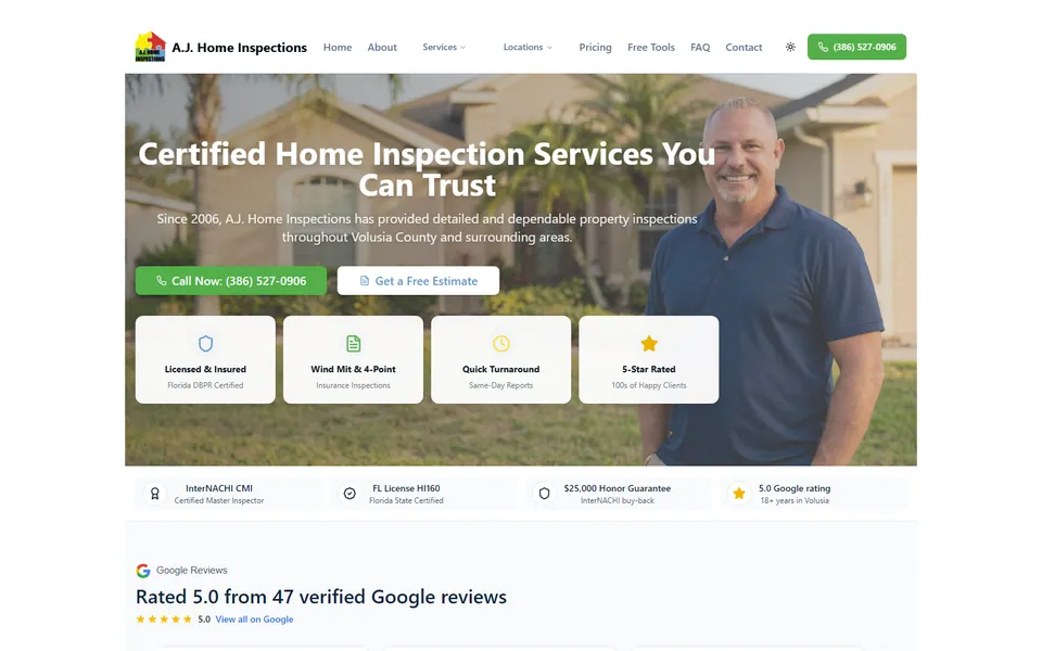 AJ Home Inspections public website home page