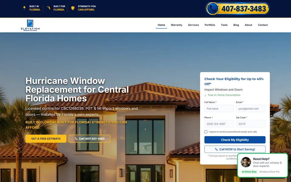Elevation Windows & Doors public website home page